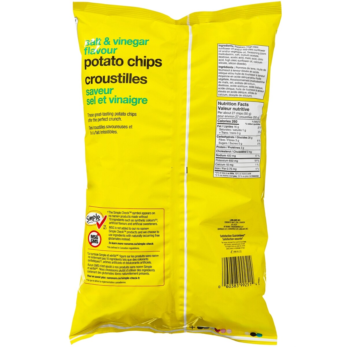 No Name Salt & Vinegar Flavour Potato Chips, 200 g