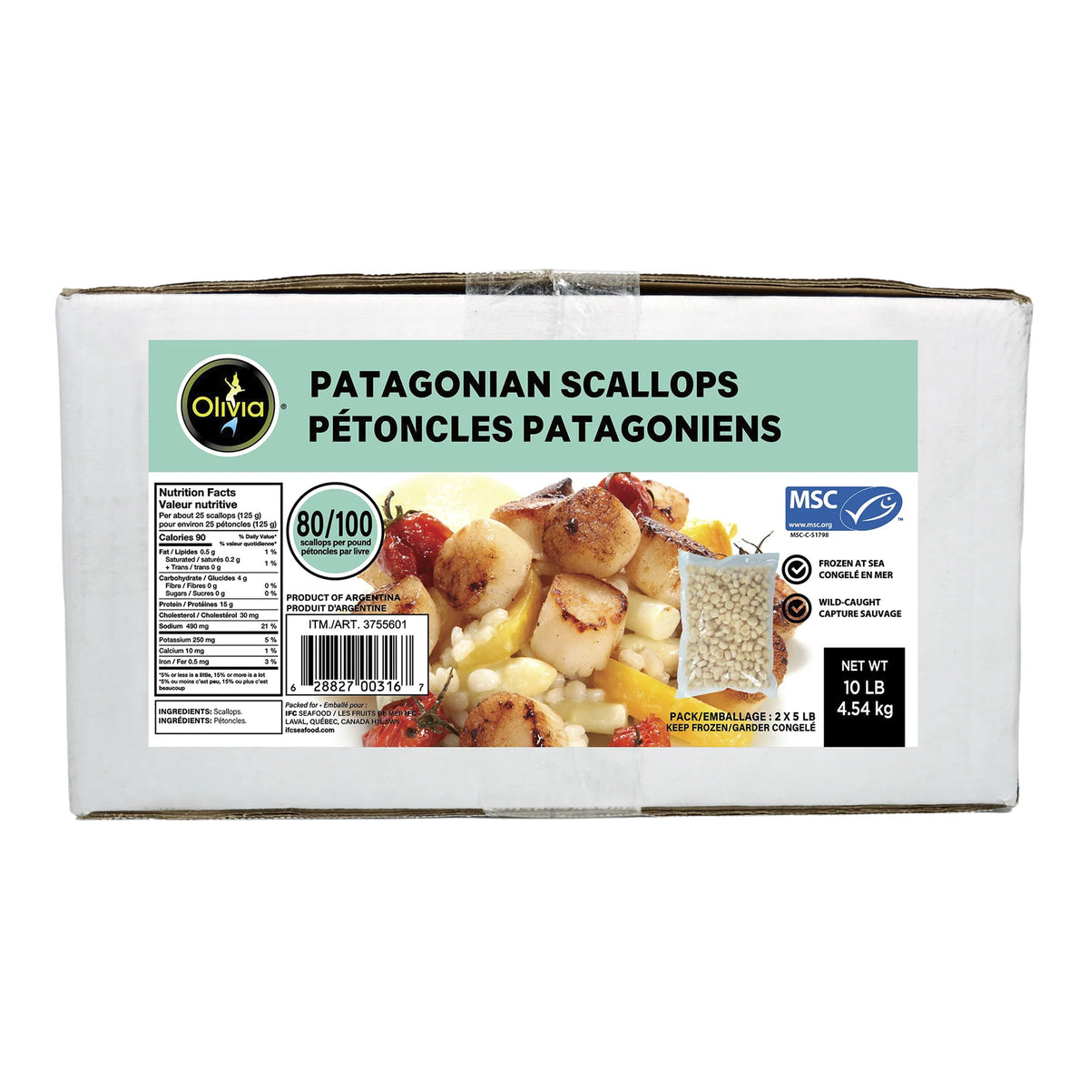 Olivia Frozen Patagonian Scallops, 4.54 kg
