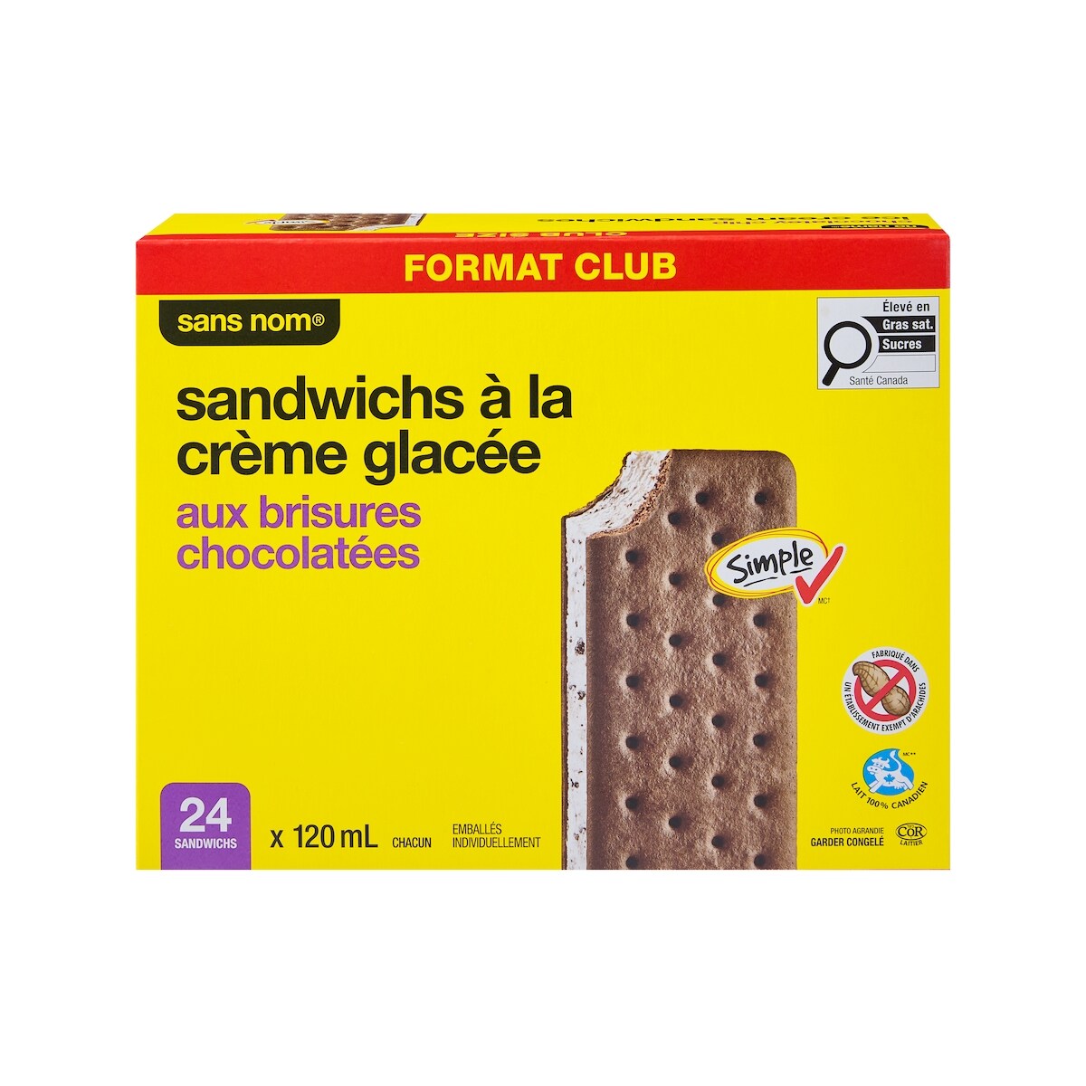 No Name Chocolate Chip Ice Cream Sandwiches, 24 × 120 mL