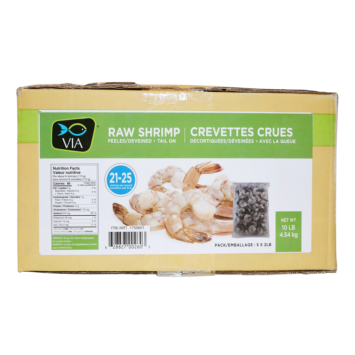 VIA Raw Shrimp, Peeled & Deveined with Tail On, 21/25 Count, 5 × 0.9 kg