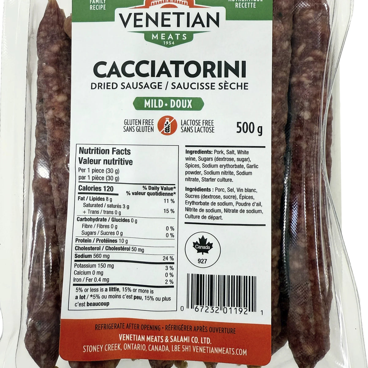 Venetian Meats Cacciatorini Mild Dried Sausage, 500 g