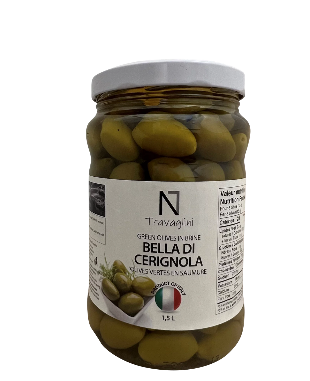 Travaglini Green Cerignola Olives in Brine, 1.5 L