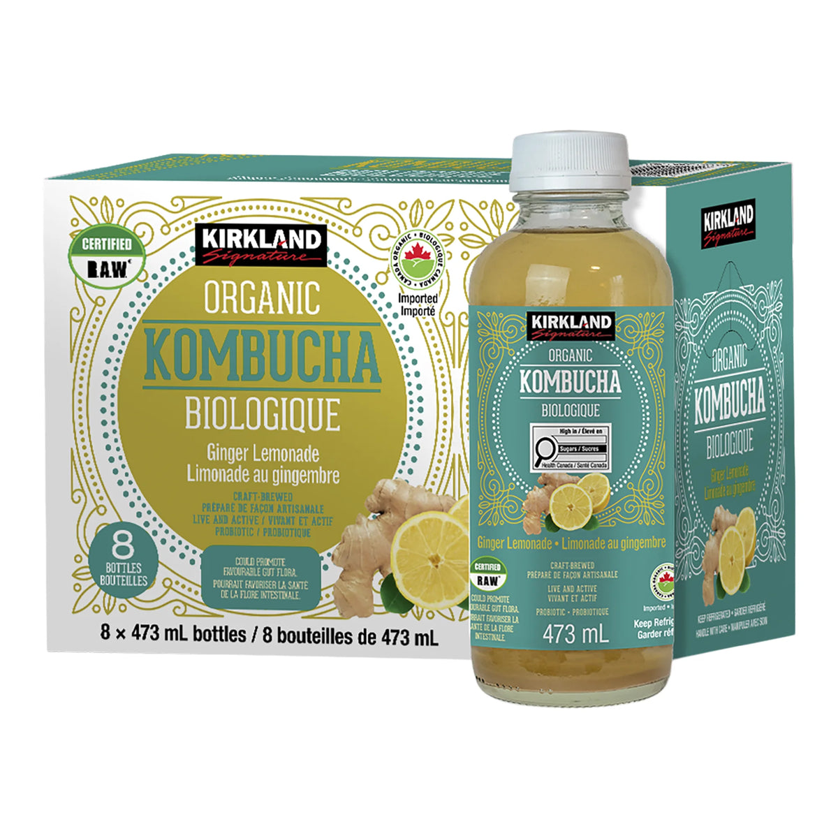 Kirkland Signature Organic Kombucha, Ginger Lemonade, 8 × 473 mL