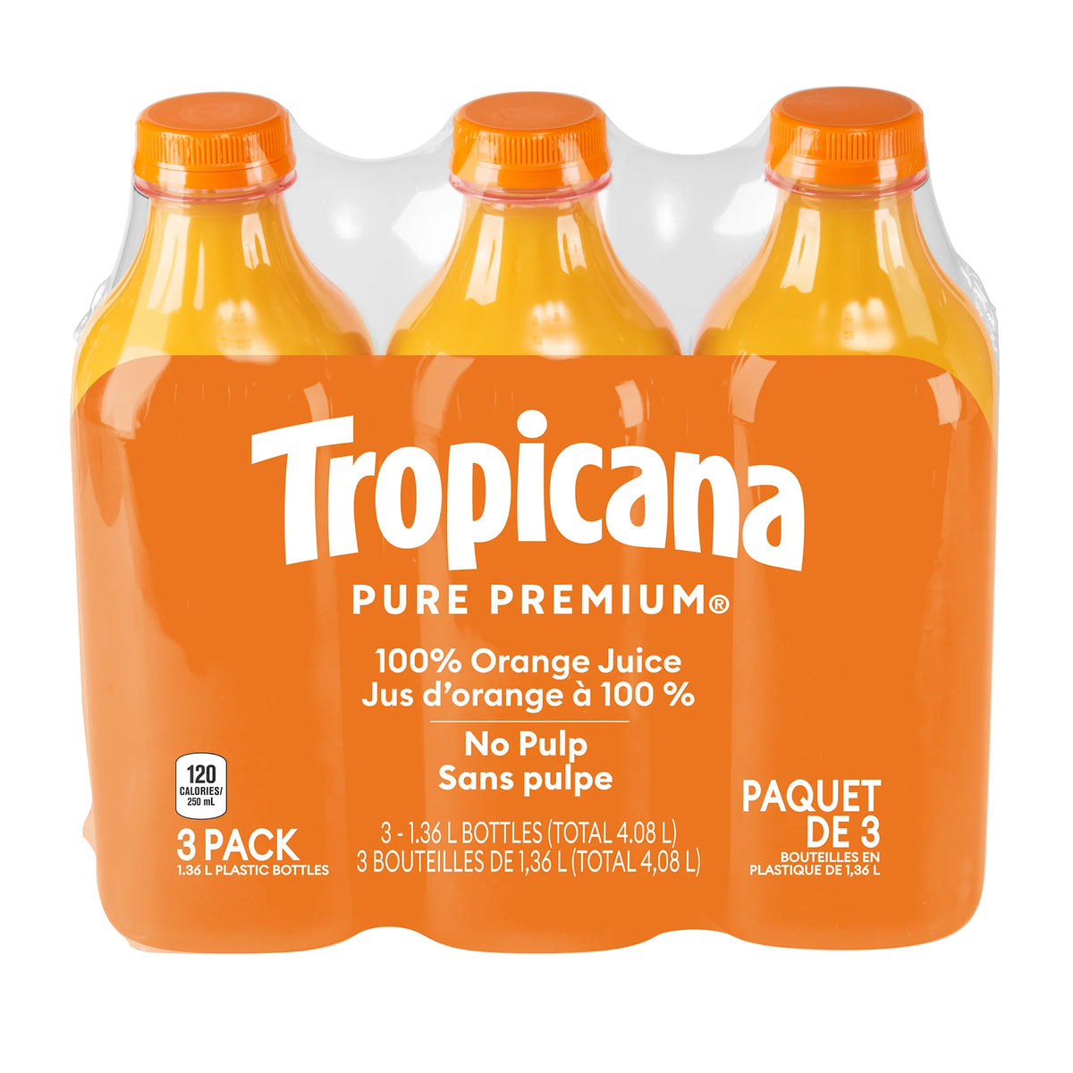 Tropicana Pure Premium Original Orange Juice, 3 × 1.36 L