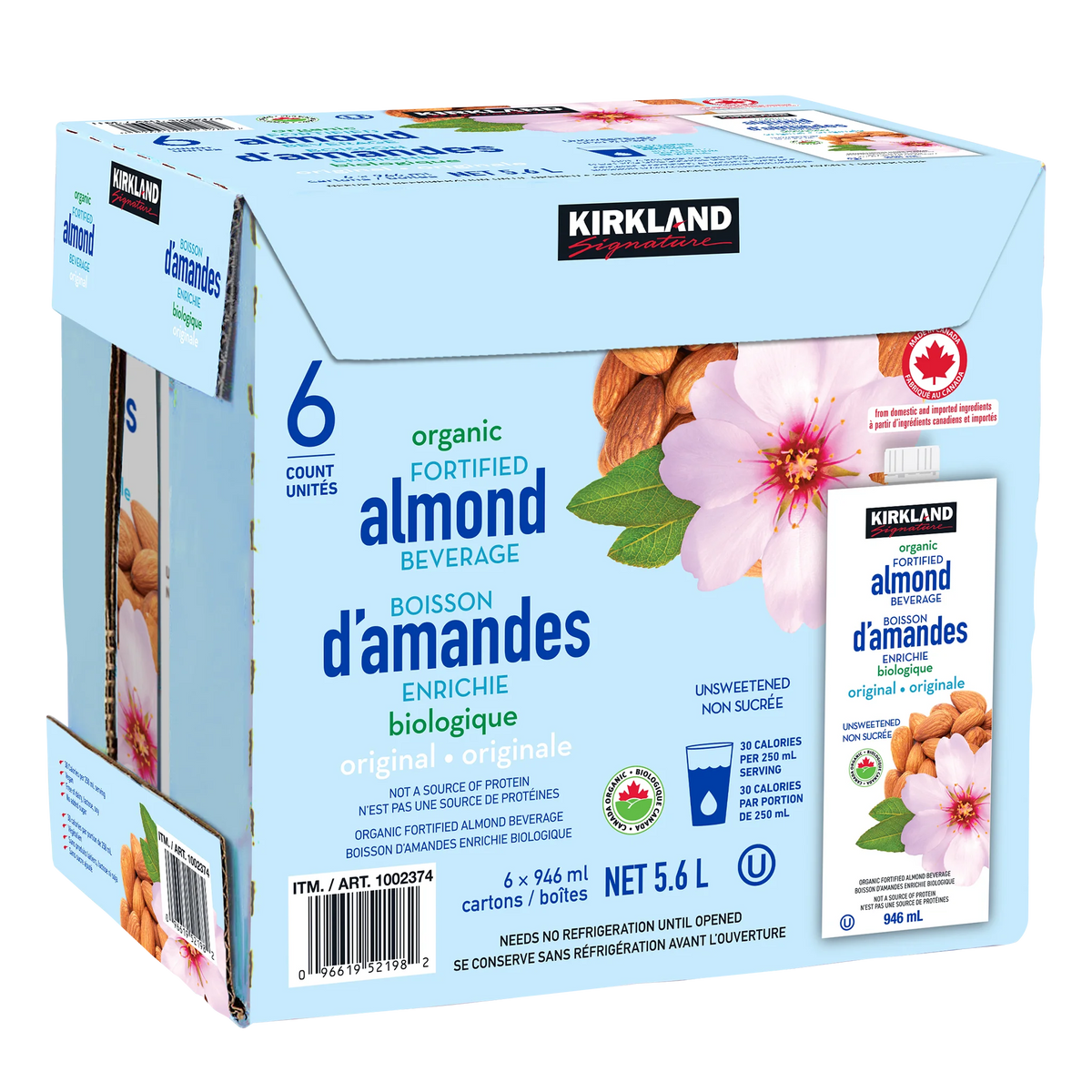 Kirkland Signature Original Organic Almond Beverage, 6 × 946 mL