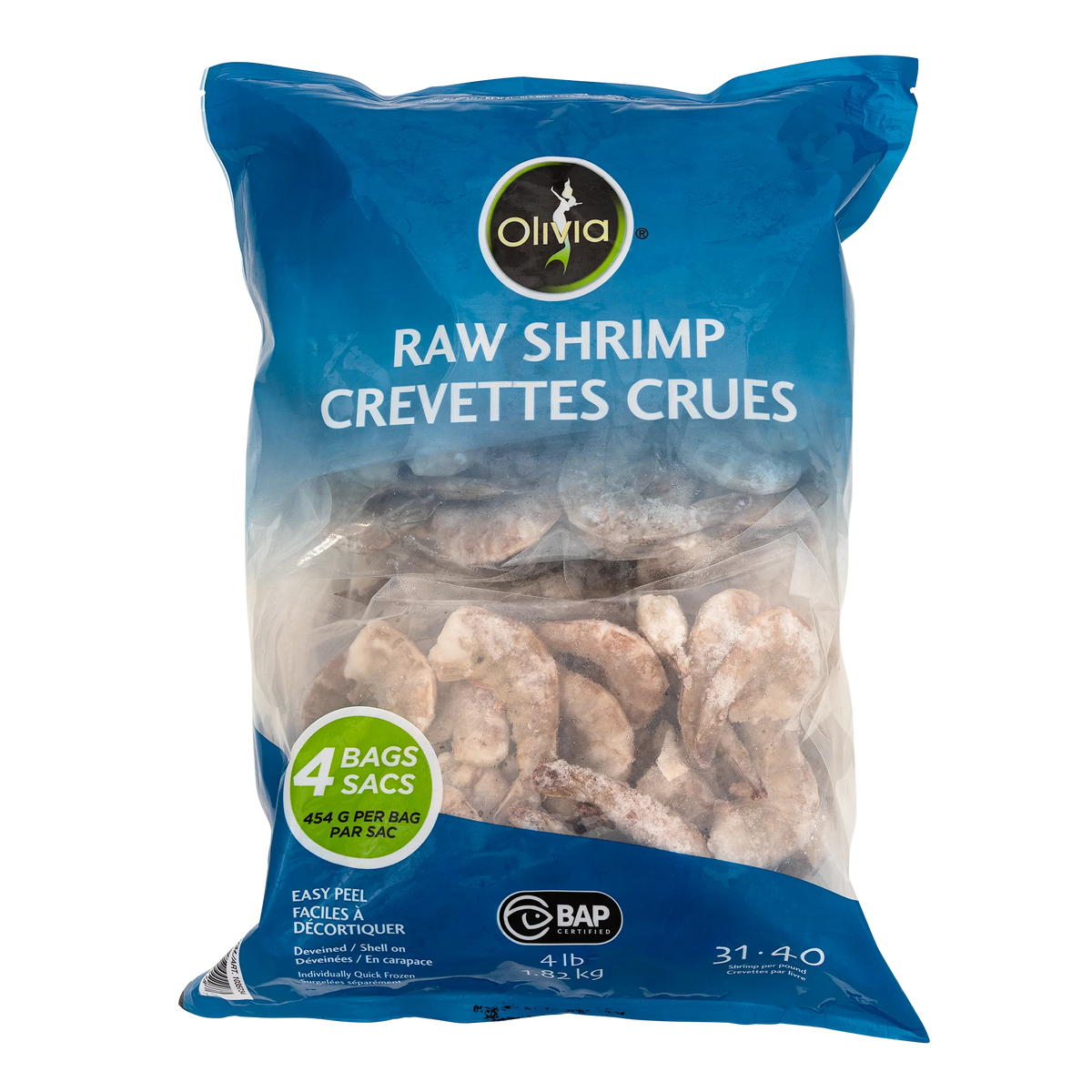 Olivia Frozen Raw Shrimp, Deveined, Shell On, 4 × 454 g