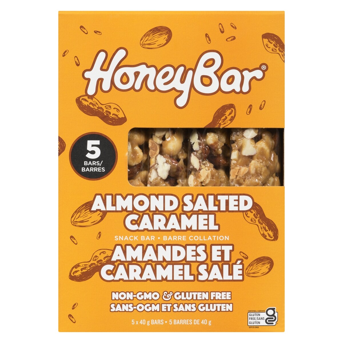 Honey Bar Almond Salted Caramel Snack Bar, 5 × 40 g