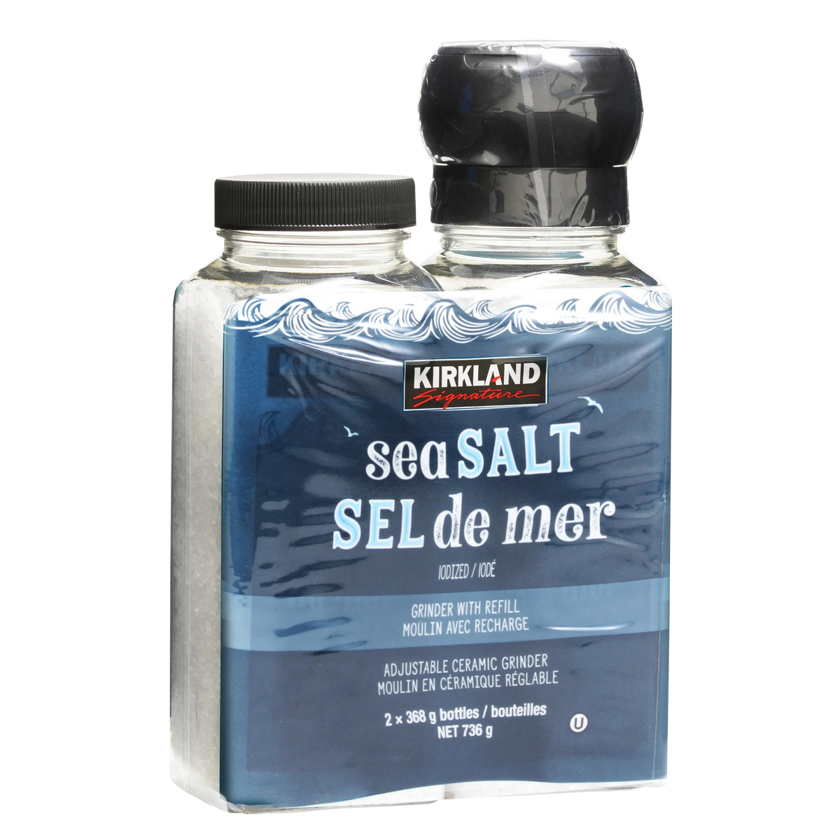 Kirkland Signature Sea Salt with Grinder and Refill, 2 × 369 g