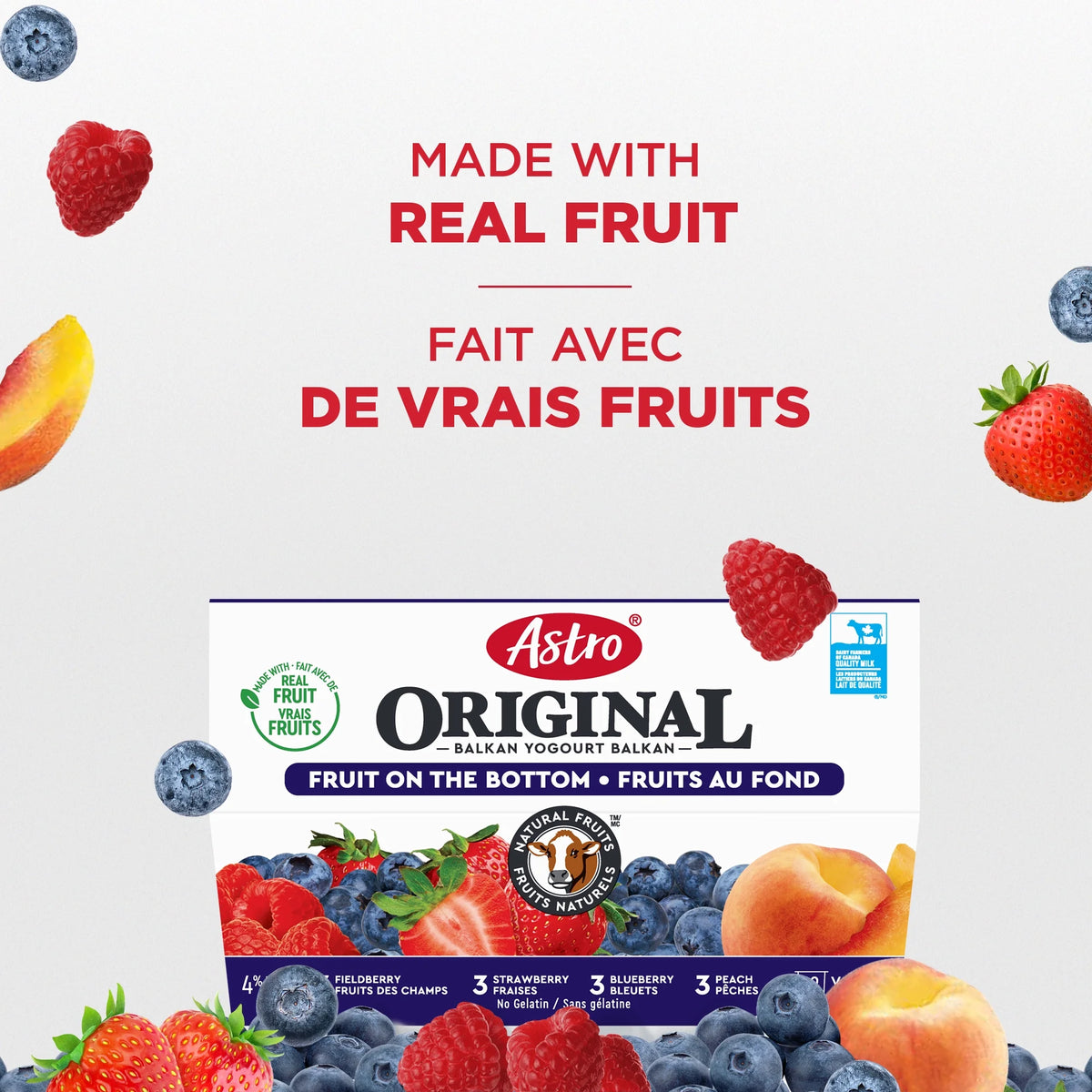 Astro Original Fruit on the Bottom Yogurt Peach/Fieldberry/Strawberry/Blueberry, 12 × 100 g