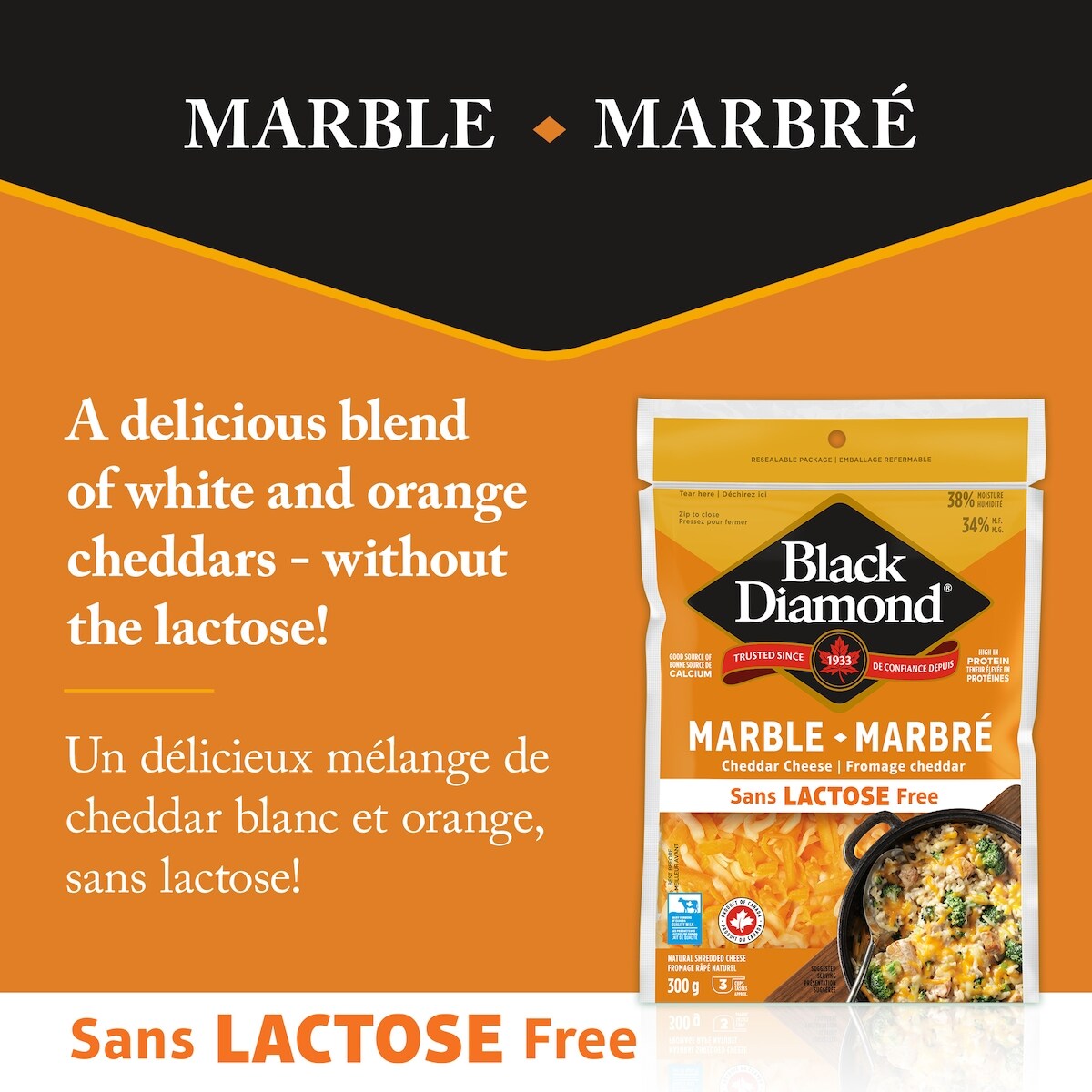 Black Diamond Lactose Free Marble Cheddar Cheese, Shredded, 300 g