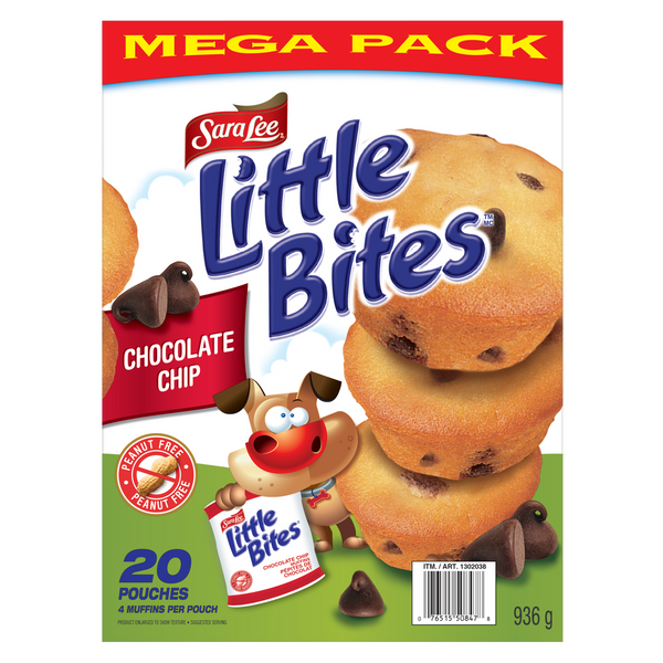 "Sara Lee Little Bites Chocolate Chip pack of 20" 20 pouches 4 muffins each container size 47g, 940g