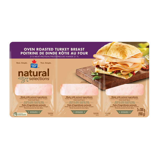 Maple Leaf Natural Selections Oven Roasted Sliced Turkey, 3 × 300 g