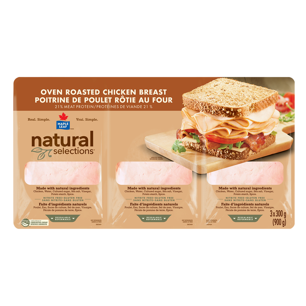 Maple Leaf Natural Selections Oven Roasted Sliced Chicken, 3 × 300 g