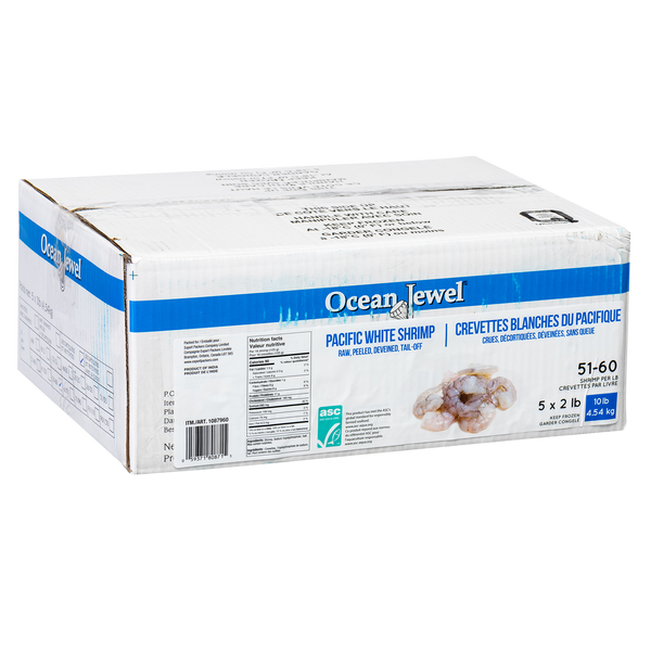 Ocean Jewel Frozen Raw Pacific White Shrimp Tail-Off 51-60, 4.54Kg