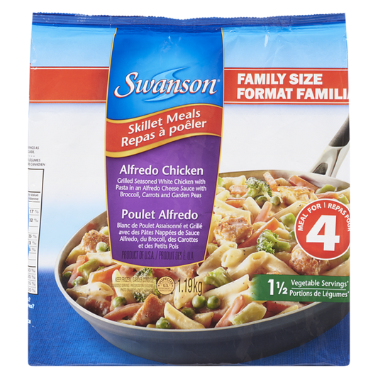Swanson Alfredo Chicken: frozen meal with pasta, vegetables, and grilled seasoned chicken in an alfredo sauce, 1.19 Kg
