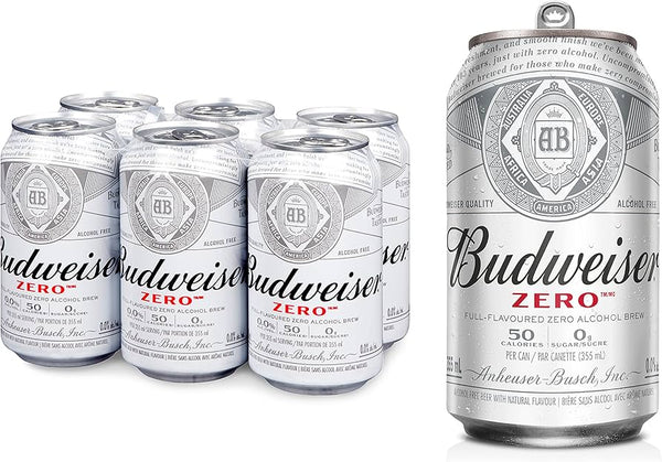 Budweiser Zero Non-Alcoholic Beer 6x355ml Cans, 0.0% Fully Brewed Non-Alcoholic Beer