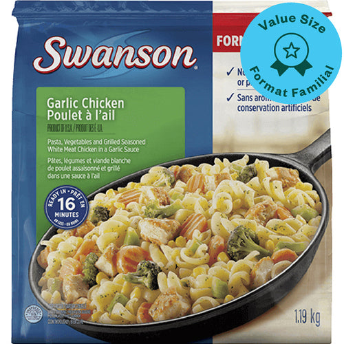 Swanson Garlic Chicken: family frozen meal with pasta, vegetables, and grilled seasoned chicken in a garlic sauce, 1.19 kg
