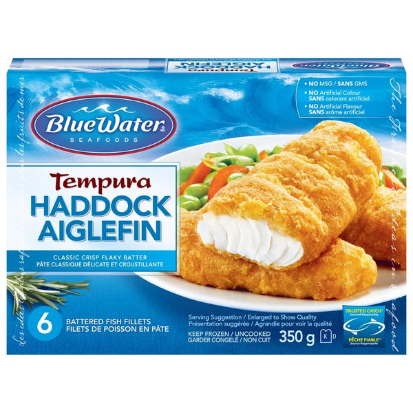 BlueWater Seafoods Tempura Haddock Fish Fillets, Wild Caught Haddock, Frozen, 6 Count, 350 g Package, Tempura Haddock fish fillets