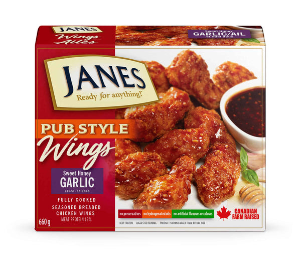 Janes Frozen Chicken Wings with Sweet Honey Garlic Sauce, Pub Style 660g