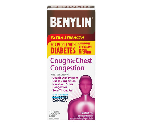 Benylin Extra Strength Cough & Chest Congestion Syrup, Suitable for People with Diabetes, Sucrose Free, Relieves Cough & Nasal Congestion, 100 mL
