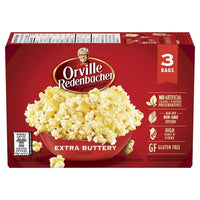 Orville Redenbacher Extra Buttery Microwave Popcorn, 3 Pack (3 x 82 g) 246 g, Non-GMO, whole grain microwave popcorn with a high source of fibre and gluten free