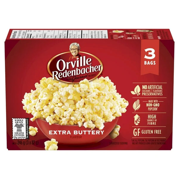 Orville Redenbacher Extra Buttery Microwave Popcorn, 3 Pack (3 x 82 g) 246 g, Non-GMO, whole grain microwave popcorn with a high source of fibre and gluten free
