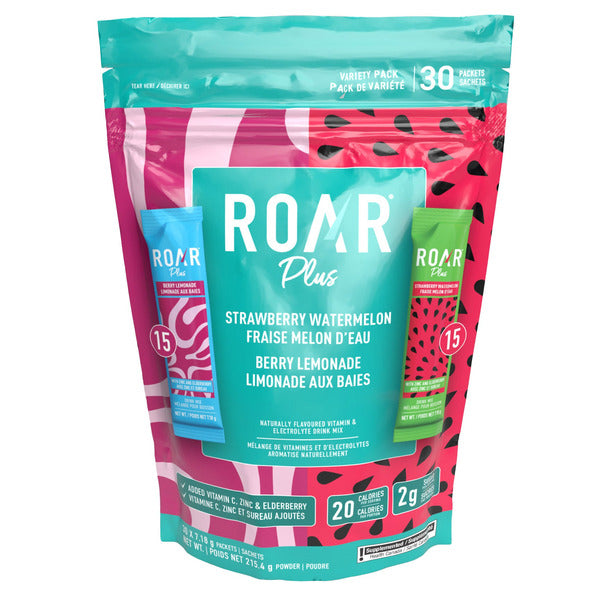 ROAR Plus Organic Organic Strawberry Watermelon Electrolyte Drink Mix Variety Pack, 30 x 7.18 g