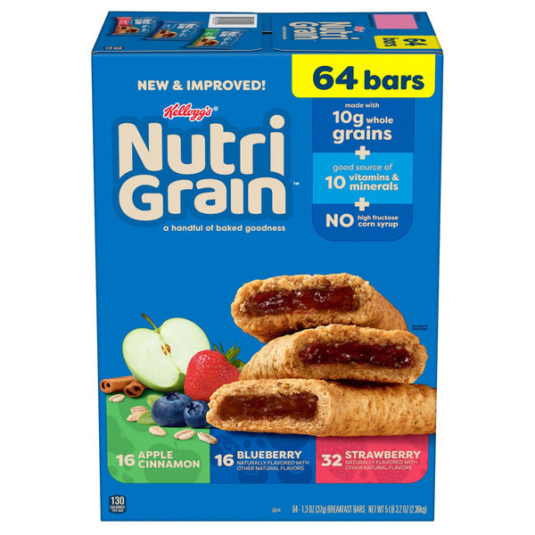 Kellogg's Nutri-Grain Breakfast Bars, Variety Pack, 1.3 oz, 64 ct
