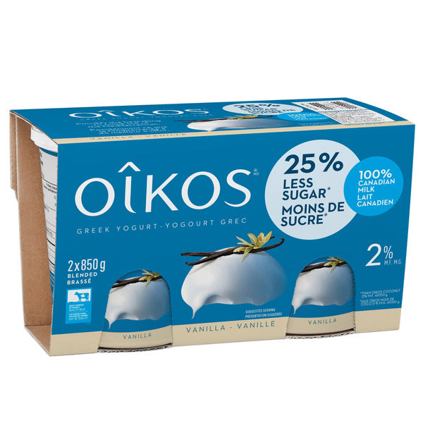Oikos 2% Vanilla Greek Yogurt With 25% Less Sugar, 2 x 850 g