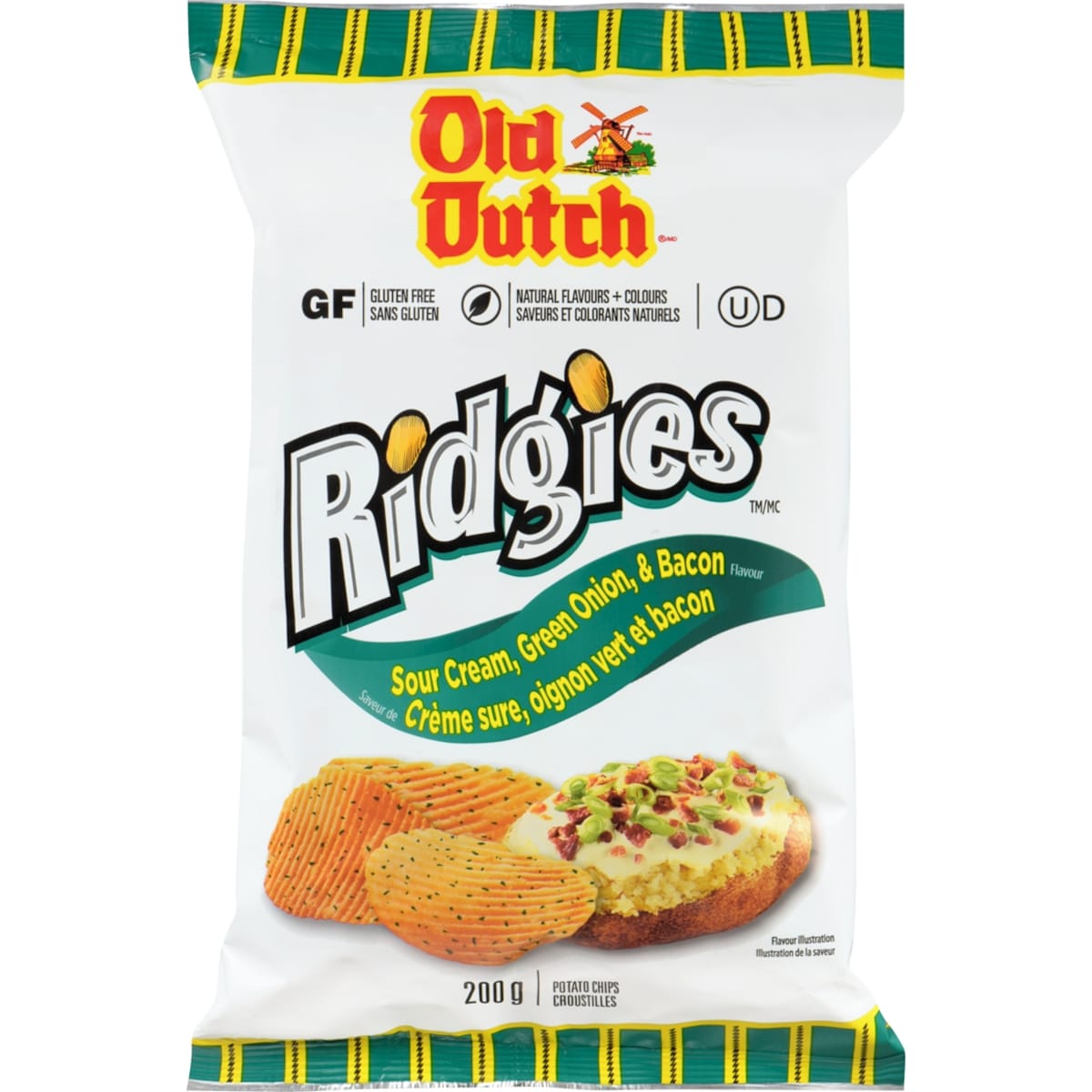 Old Dutch Ridgies Potato Chips Sour Cream, Green Onion & Bacon Flavour, 200 g