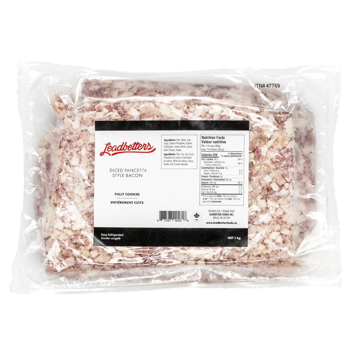 Leadbetter Fully Cooked Diced Pancetta, 1 kg