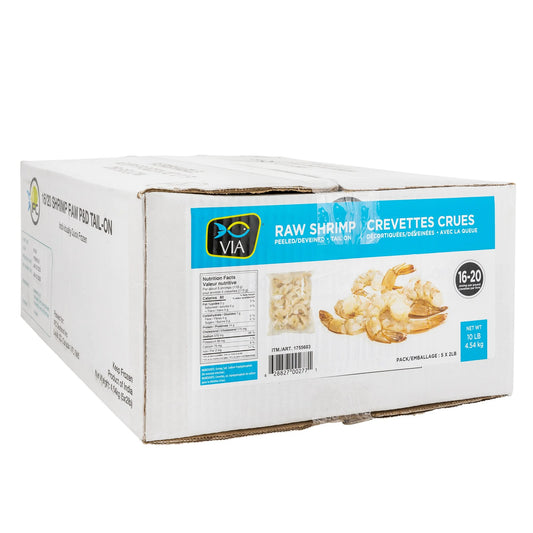Via Raw Shrimp 16-20, Peeled & Deveined, Tail On, 5 × 2 lb bags, 4.54 kg (10.01 lb)