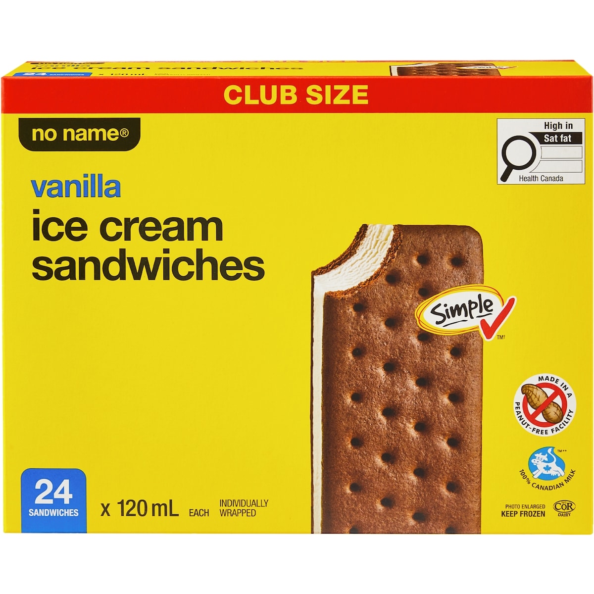 No Name Vanilla Ice Cream Sandwiches, 24 × 120 mL