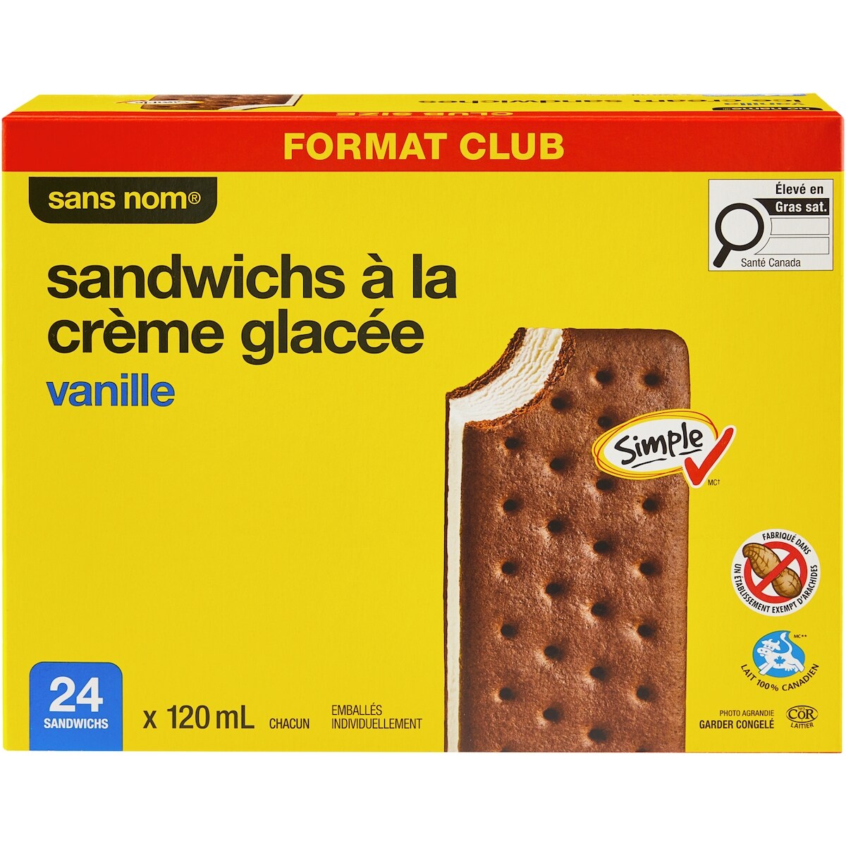 No Name Vanilla Ice Cream Sandwiches, 24 × 120 mL