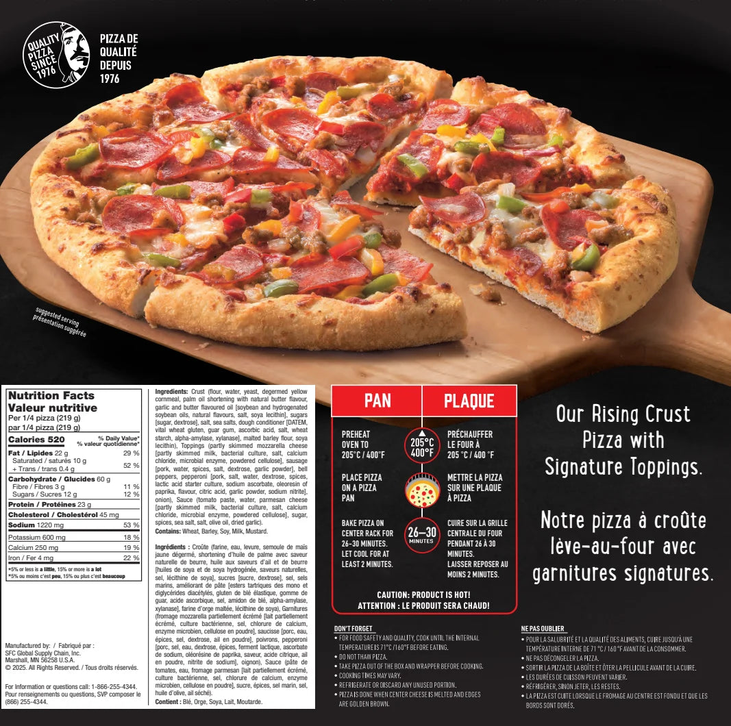 Red Baron Rising Crust Supreme Frozen Pizza, 875 g