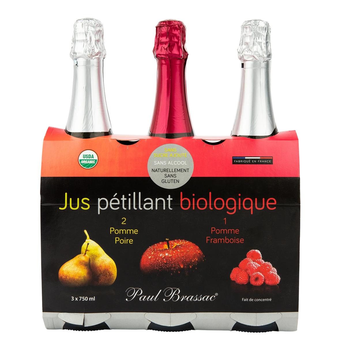 Paul Brassac Organic Sparkling Juice, 3 × 750 mL