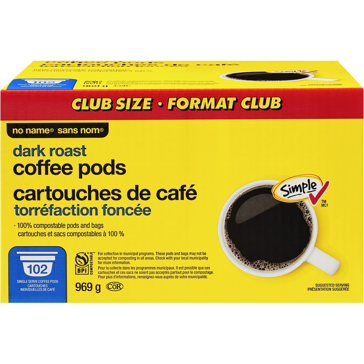 No Name Dark Roast Coffee Pods, Club Size, 102 count