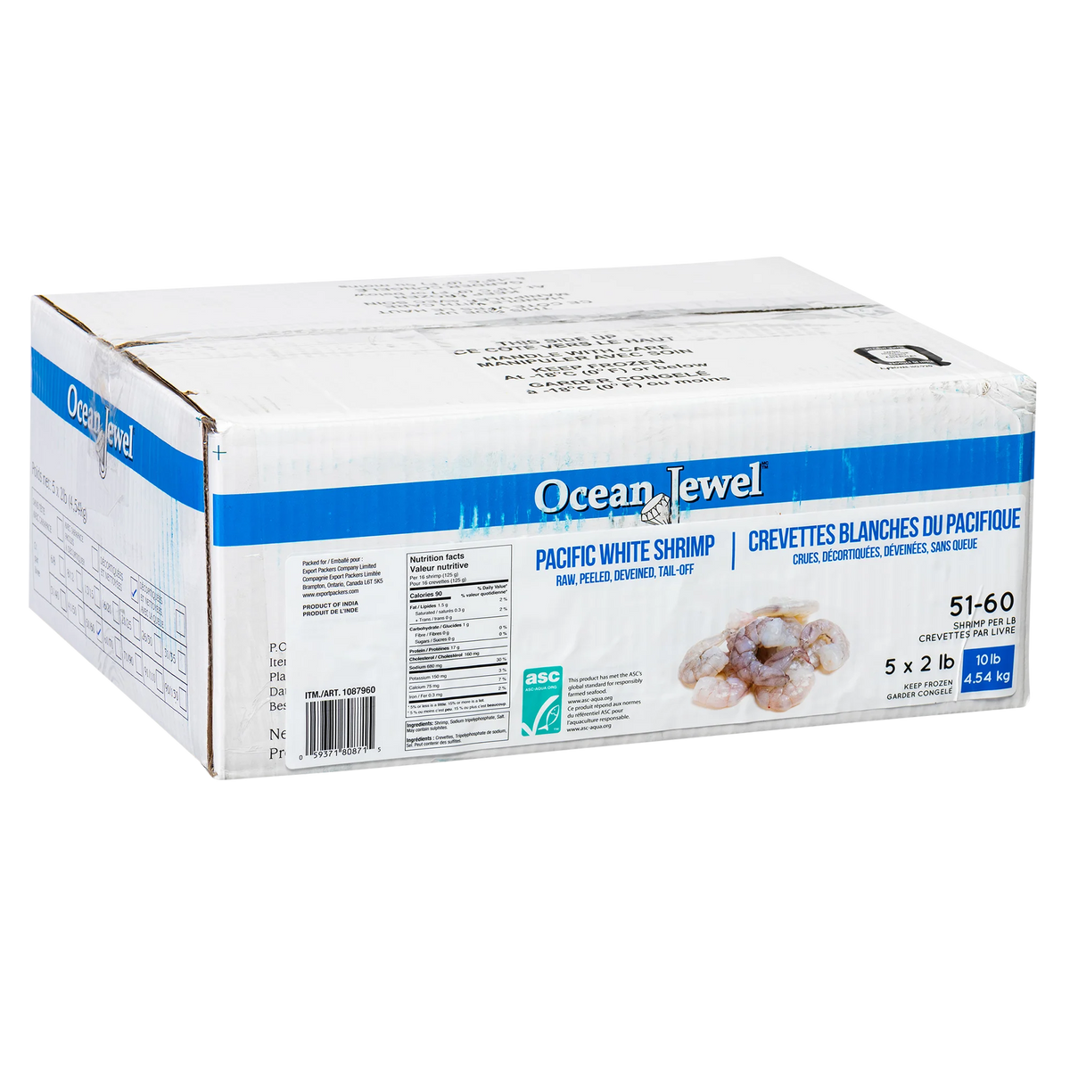 Ocean Jewel Frozen Raw Pacific White Shrimp Tail-Off 51-60, 5 × 2 lb bags, 4.54 kg