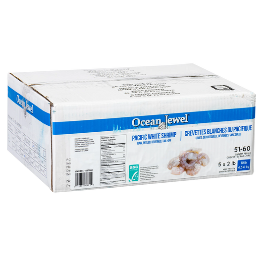 Ocean Jewel Frozen Raw Pacific White Shrimp Tail-Off 51-60, 5 × 2 lb bags, 4.54 kg