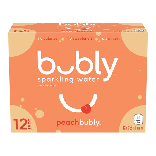 Bubly Peach Sparkling Water Cans, 12 × 355 mL