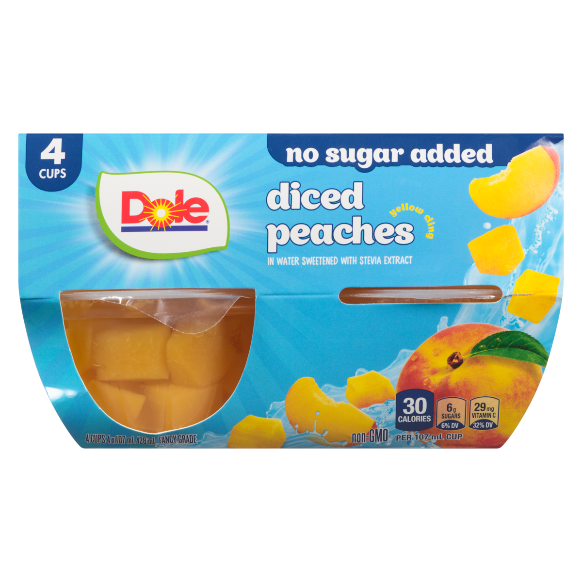 Dole Diced Peaches in Water Fruit Bowls, 4 × 107 mL