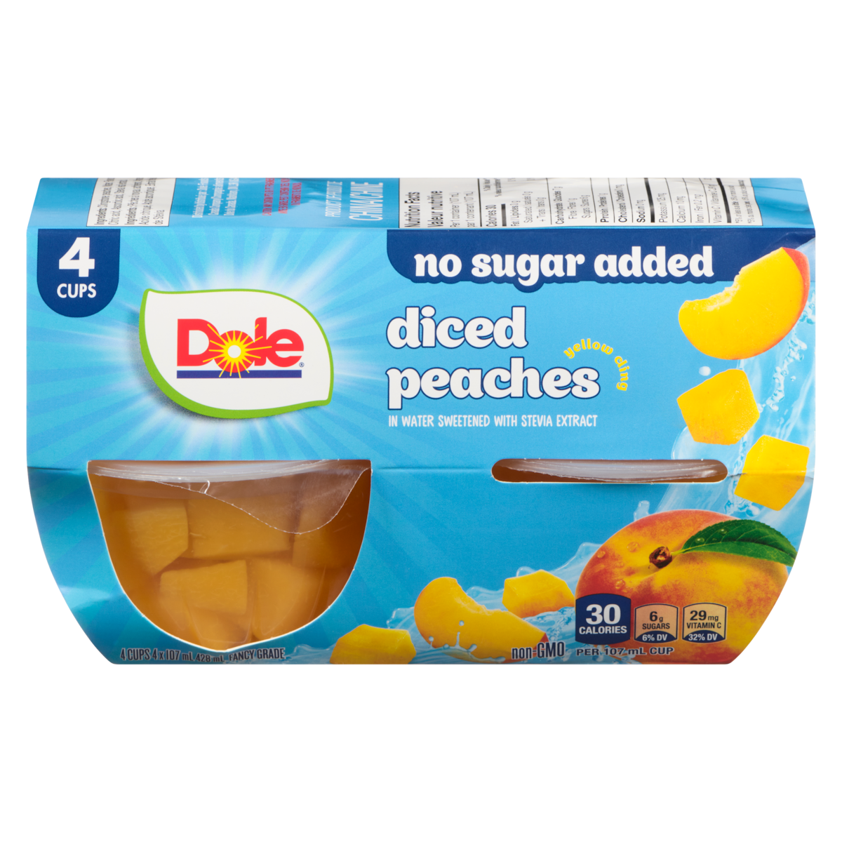 Dole Diced Peaches in Water Fruit Bowls, 4 × 107 mL