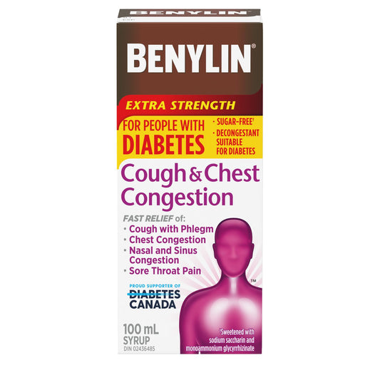 Benylin Extra Strength Cough & Chest Congestion Syrup, Suitable for People with Diabetes, Sucrose Free, 100 mL