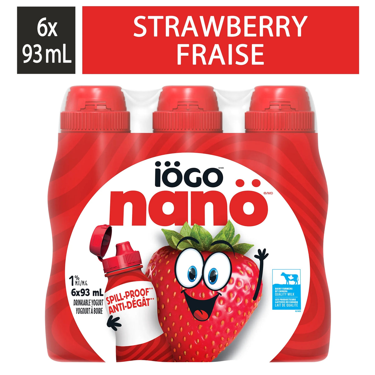 iÖGO nanö Strawberry 1% Drinkable Yogurt Bottles, 6 × 93 mL