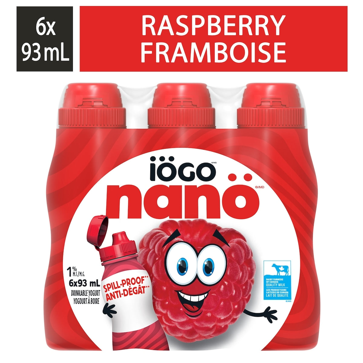 iÖGO nanö Raspberry Drinkable Yogurt 1%, 6 × 93 mL