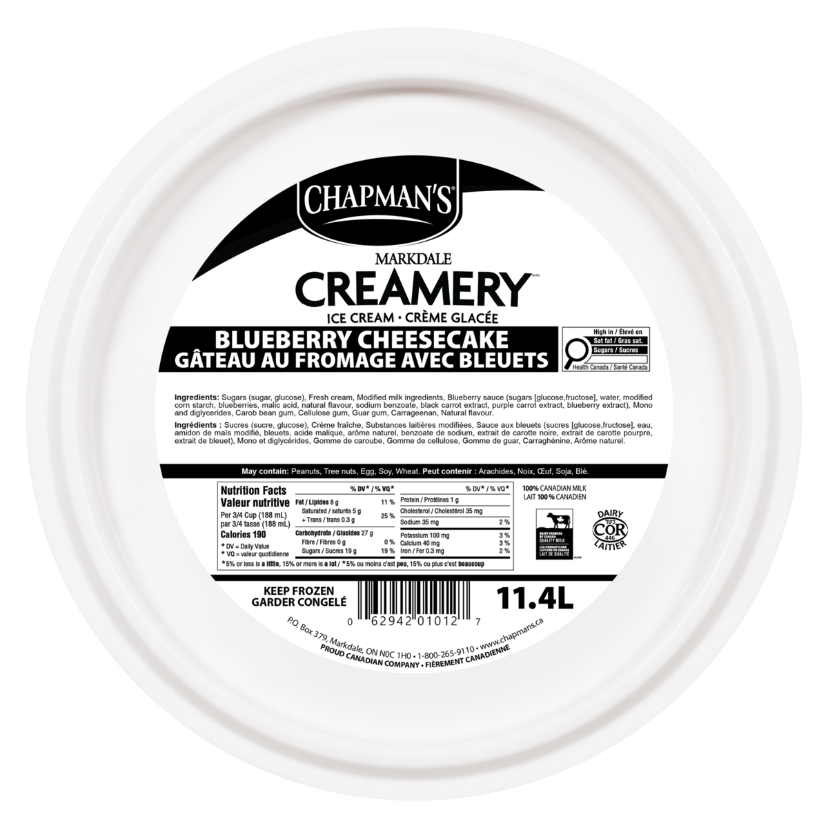 Chapmans Markdale Creamery Blueberry Cheesecake Ice Cream, 11.4 L