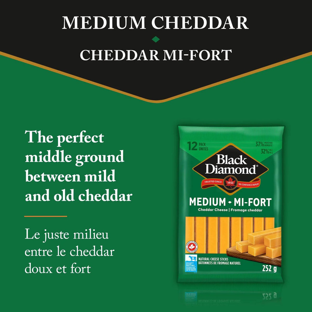 Black Diamond Natural Cheese Sticks Medium Cheddar, 12 Sticks, 252 g