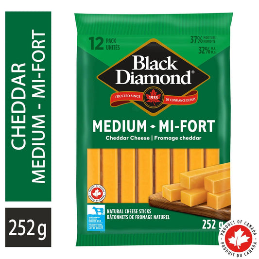 Black Diamond Natural Cheese Sticks Medium Cheddar, 12 Sticks, 252 g