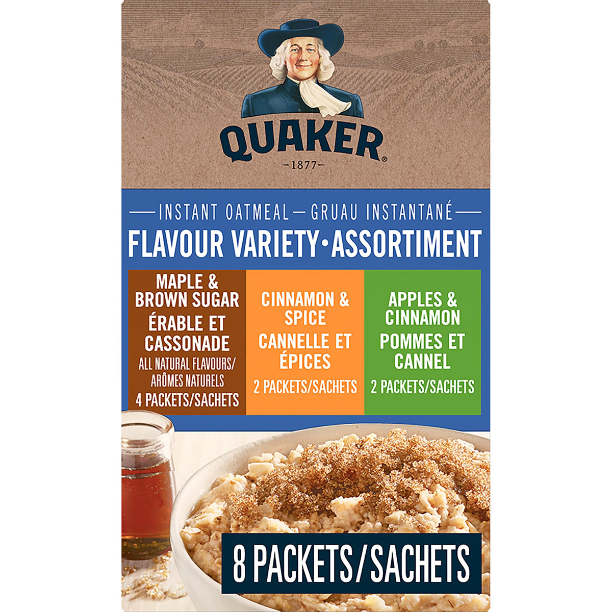 Quaker Instant Oatmeal 3 Flavour Variety Pack, 8 Packets, 380 g