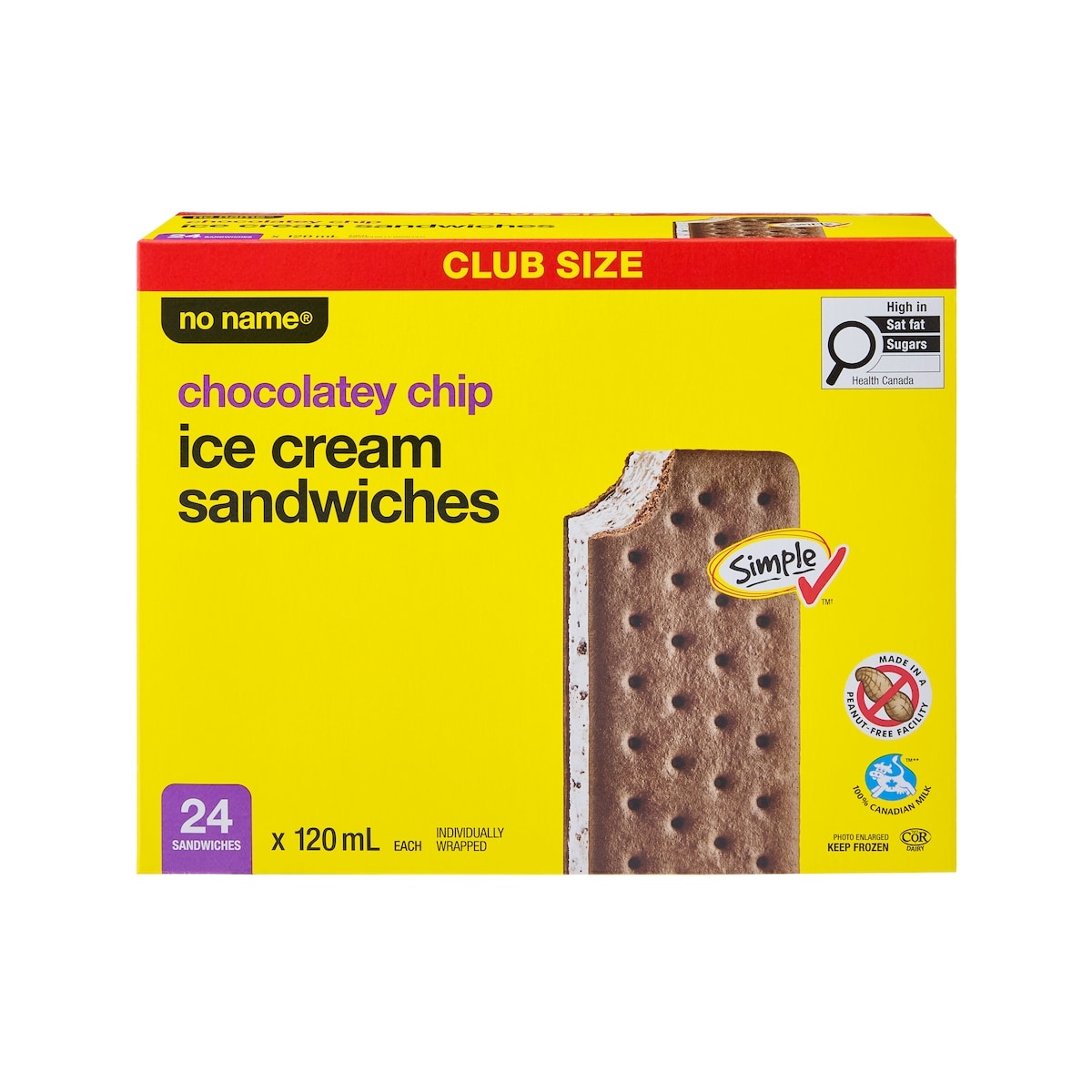 No Name Chocolate Chip Ice Cream Sandwiches, 24 × 120 mL